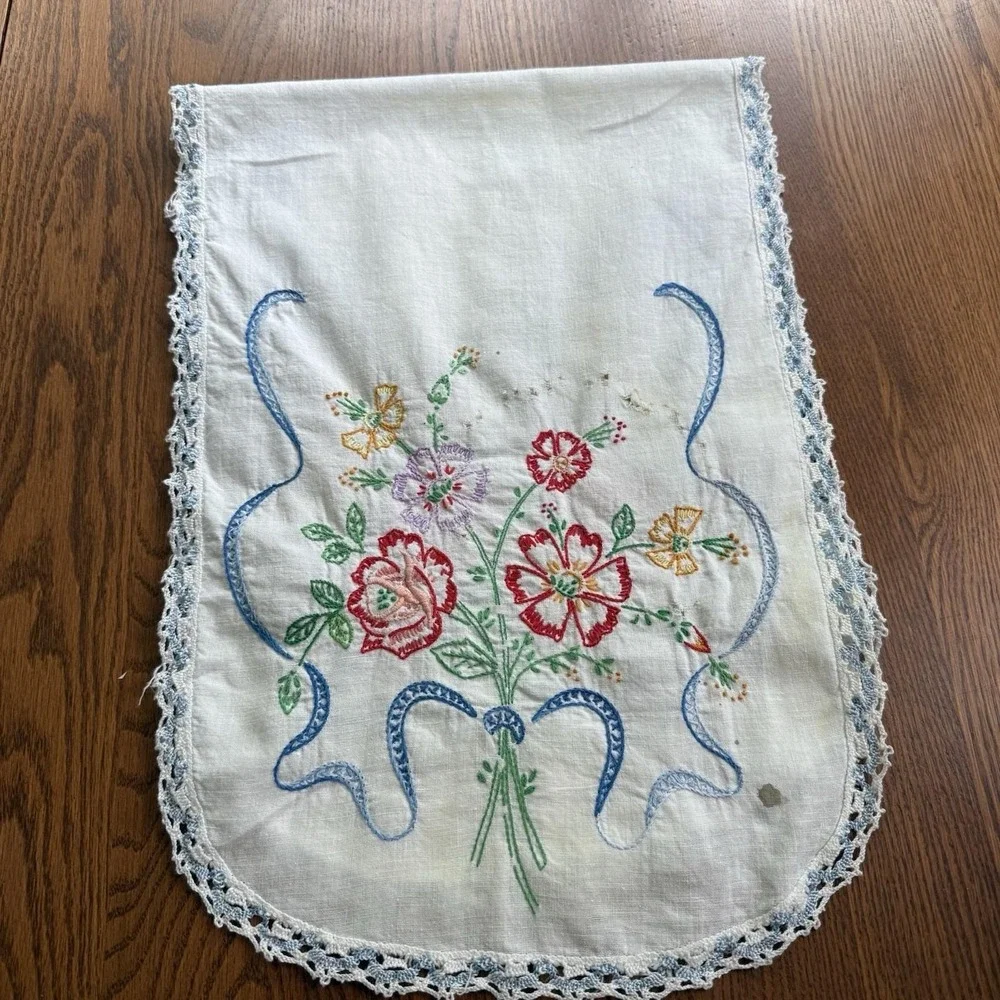 Vtg Hand-Embroidered Floral Linen Table Runner With Lace Tatted Edging 36